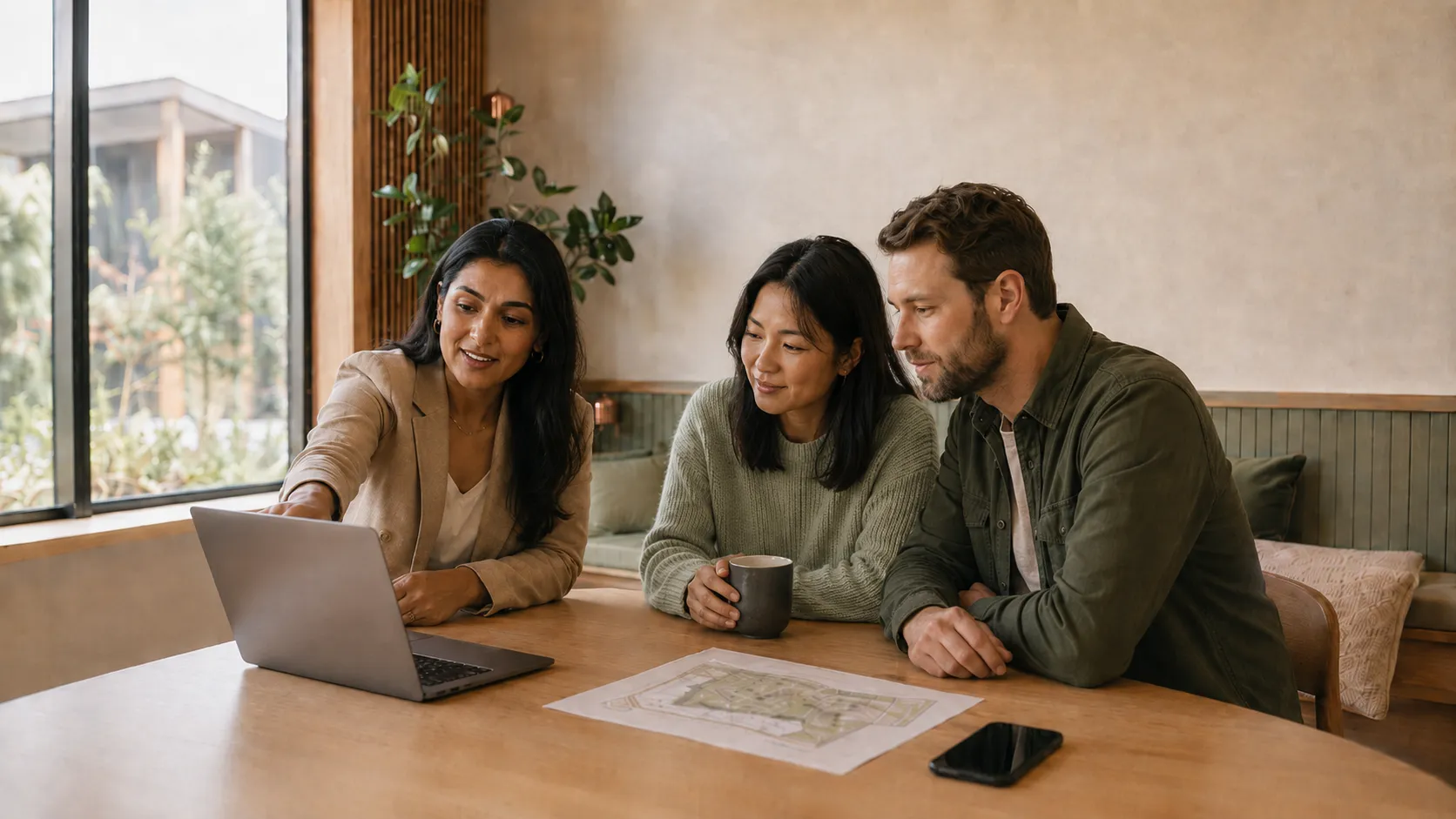 A new home consultant showing a couple their block on a laptop at a display centre table, with a printed estate plan beside it
